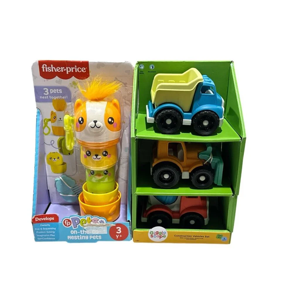 GIGGLESCAPE Construction Vehicles Set & Fisher-Price Preschool Toy, Pets On-The-